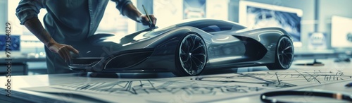 designer's hand fine-tuning a futuristic car model, symbolizing innovation and cutting-edge automotive design