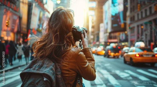 young photographer captures the vibrant energy of a bustling city street, her camera in focus against a backdrop of urban life