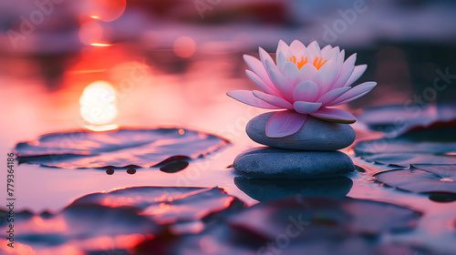 Lotus flower on stacked stones in tranquil water at sunset. Zen and meditation concept. Suitable for wellness retreats, spa advertisements, or relaxation themed, generative ai