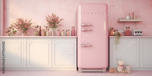 With its bright and lively interior and trendy vintage fridge the light modern kitchen exudes a playful vibe with pink wall background 