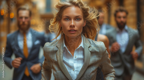 The business woman outruns her male competitors, both in her career and on the treadmill. The concept of women in business, career development and equality