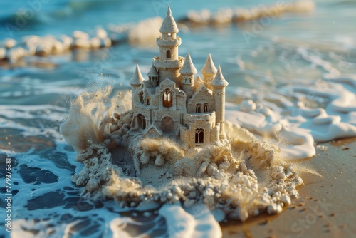 Sandcastle being washed away by waves, symbolizing impermanence and nature's power.