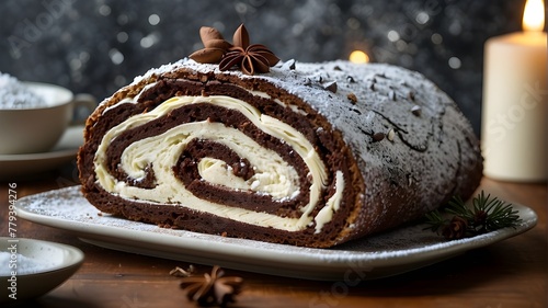 A festive holiday yule log cake dusted with powdered sugar and chocolate shavings 