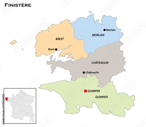 Administrative map of the Breton department of Finistre, France