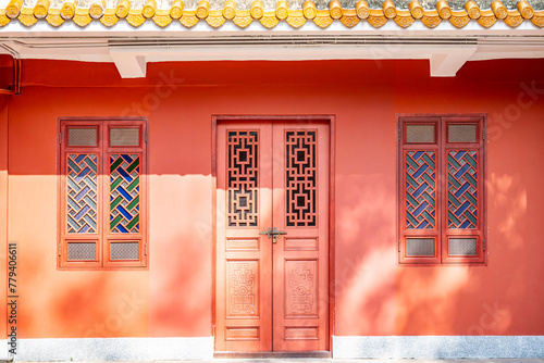 Chinese garden red paint grille doors and windows house landscape
