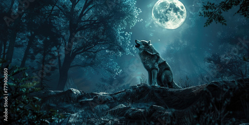 Hairy aggressive Werewolf growling in the moonlight over a full moon shining on a dark scary mystery foggy forest with a gothic house under the moon. 