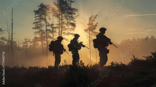 Soldiers standing together in an outdoor landscape against the sunset - soldier silhouette, team unity, military formation.