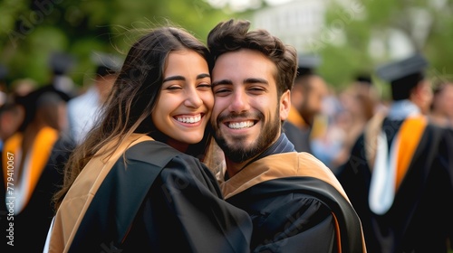 photo of graduates in black robes hugging and laughing on graduation day 