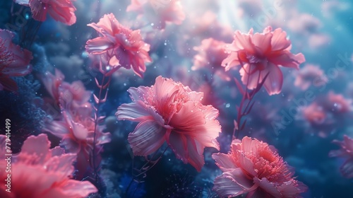 Sunbeams illuminate the soft pink coral forest in the depths of a serene underwater landscape.