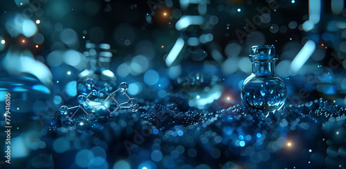 A macro photography shot of a glass bottle of perfume with electric blue liquid, against a vibrant blue background. The intricate pattern on the bottle creates an entertainment for the eyes