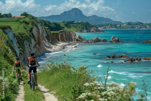 Two cyclists on a coastal trail, stunning sea cliffs and beaches in view.