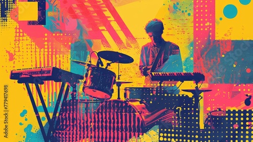 Colorful abstract painting of drummers performing.