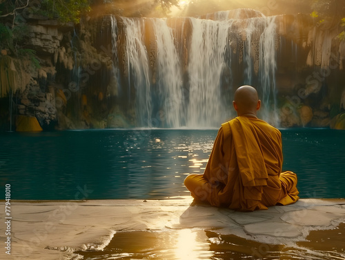 Buddhist monk meditating near a waterfall during a beautiful sunset or sunrise