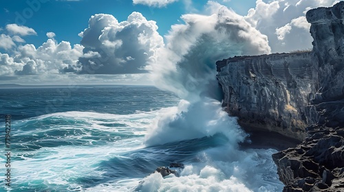 A powerful wave crashing against a rugged cliff, sending spray high into the air