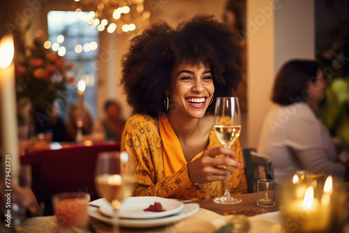 Cheerful Woman Enjoying a Festive Dinner Party with Friends