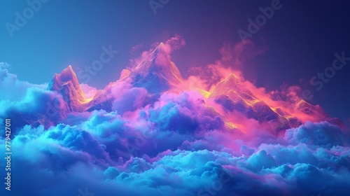3D render of a colorful cloud with glowing neon, shaped like a mountain