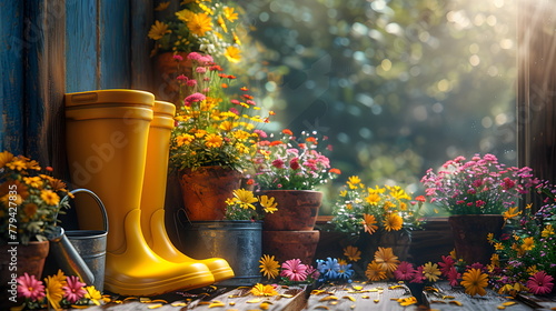 Gardening - a set of tools for a gardener and beautiful rubber boots and flower pots in a sunny garden.