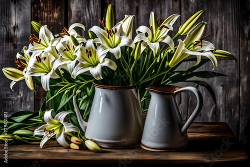 a picture of a vintage enamelware pitcher filled with flowers on a farmhouse table 