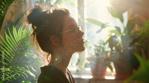 Silhouette of a young woman contemplating in a room full of plants as sunlight streams in.