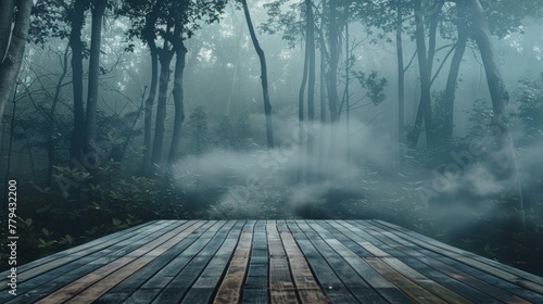 Wooden pathway disappearing into a misty forest with a wooden platform background
