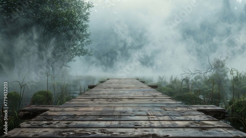 Wooden pathway disappearing into a misty forest with a wooden platform background