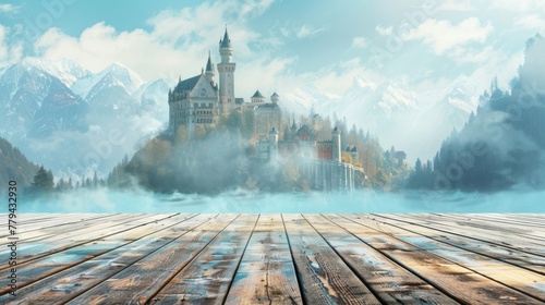 Wooden pier with a view of a majestic castle in the distance and a wooden platform background
