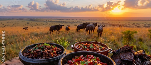 A South African safari lodge setting with a spread of biltong, bobotie in a traditional clay dish, and bunny chow filled with spicy curry.