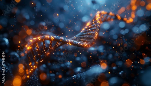 A macro photography event captured a close up of an electric blue DNA strand with glowing dots on a dark background, resembling a sky full of stars in the darkness