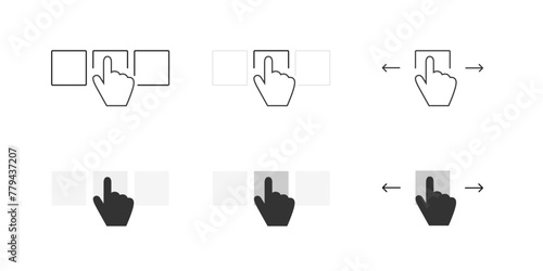 Leaf through gesture vector icon set. Turn or swipe symbol. Drag and move hand sign. Slide, scroll, click or tap illustration. Advertising or ecommerce action button isolated.