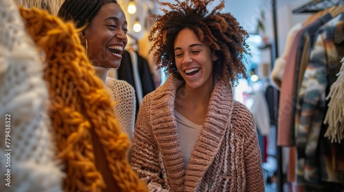 Two friends laughing while trying on oversized sweaters AI generated illustration