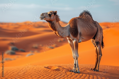 A Camel, a terrestrial animal, is standing in the middle of a desert landscape with sand dunes, the horizon blending into the sky, an aeolian landform