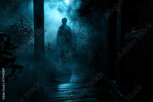 A silhouetted figure bathed in an eerie, paranormal light against a dark, shadowy background.