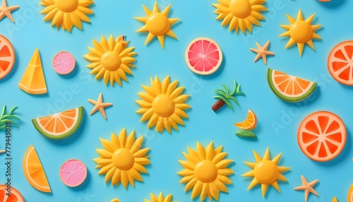 Paper Fruit Delight: Vibrant Citrus Creations on Blue Background, Ideal for Tropical Flat Lay with Space for Writing , Paper Fruit Fantasy: Bright Citrus Replicas on Blue Background