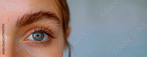 Close-up of a European girl's eye. Ophthalmological procedures. Cosmetic care and procedures for facial skin. Banner. Copy space