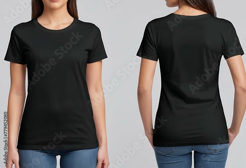 Woman in black t-shirt, plain blank tshirt mockup, black tee, front and back view