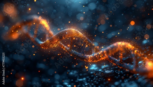 A computergenerated image of a luminous DNA strand set against a dark background, creating a mystical atmosphere reminiscent of a starry sky with clouds and astronomical objects
