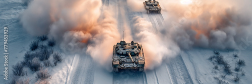 tanks advancing on frozen winter battlefield