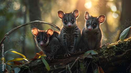 Possum family in the forest with setting sun shining. Group of wild animals in nature.