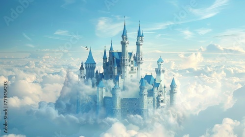 A magical castle floating in the clouds with turrets and spires reaching towards the sky AI generated illustration