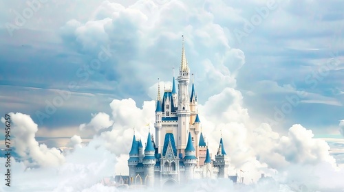 A magical castle floating in the clouds with turrets and spires reaching towards the sky AI generated illustration