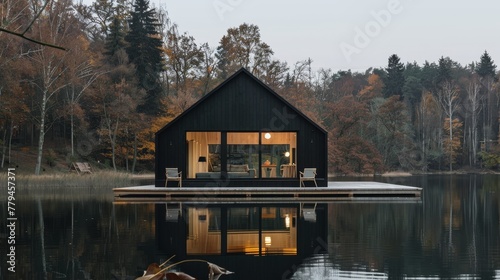 A minimalist design of a lakeside cabin AI generated illustration