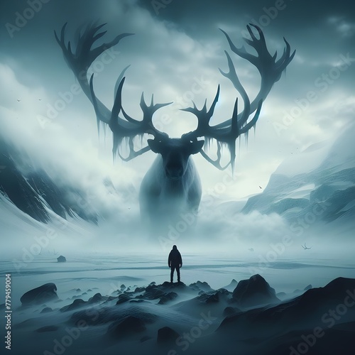 A man standing in front of a massive reindeer in foggy jungle