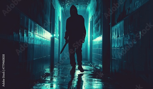 Man walking down hallway with knife. The concept of violence and terrorism