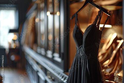 A black evening dress with straps hangs on a hanger on a blurred background with space for text. Generative ai