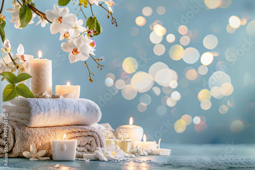 Spa background with candles, towels and flowers with copy space on blue