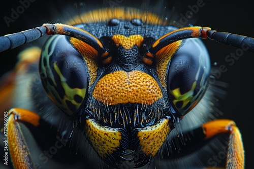 Macro photography of an insects face a wasp with a snout on a black background. This arthropod, a membranewinged insect, is a common pest and parasite in wildlife
