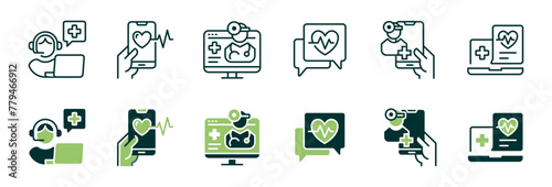 online digital health care consultation icon vector set virtual doctor diagnosis medical analysis signs illustration