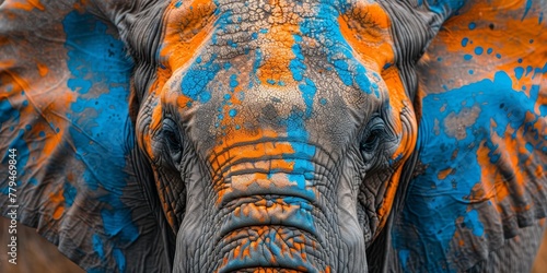 A colorful elephant with blue and orange paint on its face