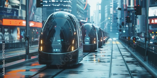 A futuristic black and white train is on the tracks in a city