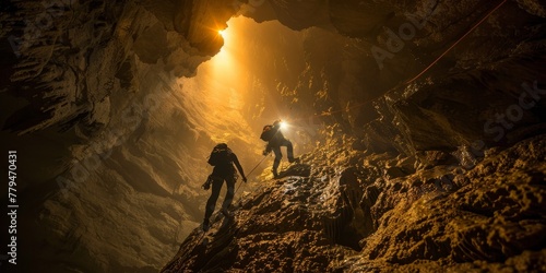 Two people are climbing a rocky mountain in a cave